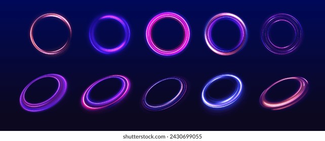 Rounded neon line with light effect. Energy flow tunnel. Blue portal, platform. Night road speed illustration.	