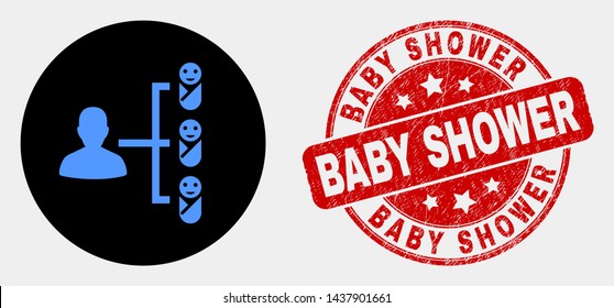 Rounded newborn parent links icon and Baby Shower seal stamp. Red rounded scratched seal stamp with Baby Shower text. Blue newborn parent links symbol on black circle.