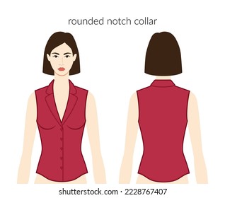 Rounded notch collar neckline placket clothes character beautiful lady in burgundy top, shirt, dress technical fashion illustration with fitted body. Flat apparel template front back sides. Women, men