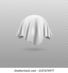 Rounded object or sphere covered with white silk cloth or curtain 3d realistic vector illustration isolated on white background. Surprising covering for presentation.