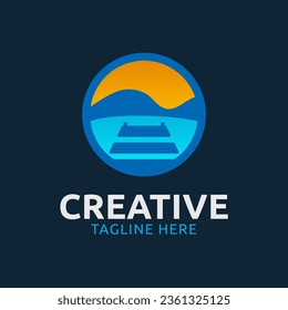 Rounded ocean dock logo with blue, dark blue and orange on dark background