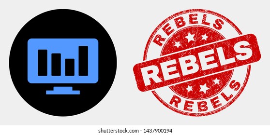 Rounded online chart icon and Rebels seal stamp. Red round distress seal stamp with Rebels text. Blue online chart icon on black circle. Vector composition for online chart in flat style.