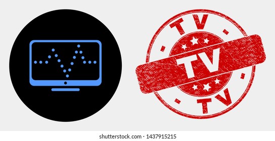 Rounded online dotted chart icon and TV seal stamp. Red round distress seal stamp with TV text. Blue online dotted chart icon on black circle. Vector composition for online dotted chart in flat style.