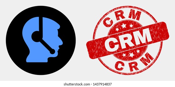 Rounded operator head icon and Crm seal stamp. Red round textured seal stamp with Crm caption. Blue operator head symbol on black circle. Vector composition for operator head in flat style.