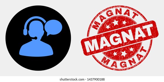 Rounded operator message icon and Magnat seal stamp. Red rounded distress seal stamp with Magnat text. Blue operator message symbol on black circle.