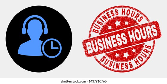 Rounded operator time icon and Business Hours seal. Red round distress seal stamp with Business Hours text. Blue operator time icon on black circle. Vector composition for operator time in flat style.
