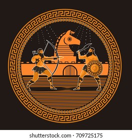 rounded orange and black greek figures painting trojan war