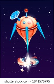 El cohete anaranjado redondeado con moscas satelitales en el espacio y sopla energía. La circulación de materia en el fondo de la aeronave. Viaja por la galaxia. El cohete envía satélites al espacio ultraterrestre