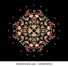 Rounded ornamental vector floral composition with tiny birds