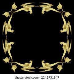Rounded oval frame with fantastic medieval winged dragons. Gothic illuminated manuscript design. Golden glossy silhouette on black background.