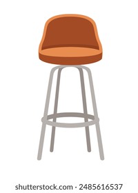 Rounded padded bar chair with support for back, brown pillows and steel color stands. Sitting furniture with soft pad for bar counter. vector illustration isolated on white background