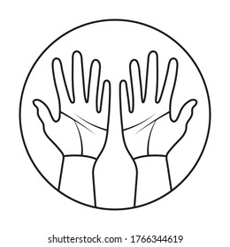 Rounded a palmist / palmistry with two human hands line art icon fo apps or websites