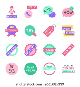 Rounded Pastel Badge Icon Set with Marketing Phrases and Sale Tags Vector Illustration