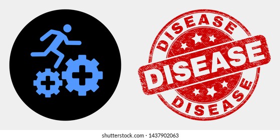 Rounded patient run over gears icon and Disease seal stamp. Red rounded distress seal stamp with Disease caption. Blue patient run over gears symbol on black circle.