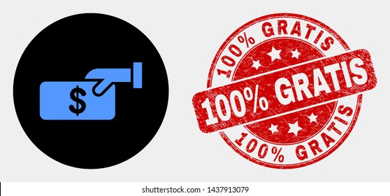 Rounded pay cash pictogram and 100% Gratis stamp. Red rounded grunge stamp with 100% Gratis text. Blue pay cash icon on black circle. Vector composition for pay cash in flat style.