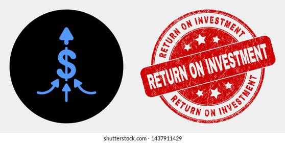 Rounded payment aggregator icon and Return on Investment seal. Red rounded distress seal stamp with Return on Investment caption. Blue payment aggregator icon on black circle.