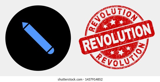 Rounded pencil icon and Revolution seal stamp. Red round scratched seal stamp with Revolution caption. Blue pencil icon on black circle. Vector composition for pencil in flat style.