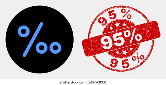 Rounded per mille icon and 95% stamp. Red rounded scratched seal stamp with 95% caption. Blue per mille icon on black circle. Vector composition for per mille in flat style.