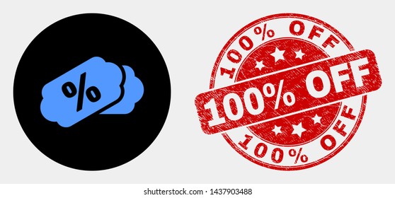 Rounded percent tags icon and 100% Off seal stamp. Red rounded textured seal with 100% Off text. Blue percent tags icon on black circle. Vector composition for percent tags in flat style.