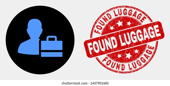 Rounded person case icon and Found Luggage seal stamp. Red rounded distress seal stamp with Found Luggage text. Blue person case symbol on black circle.