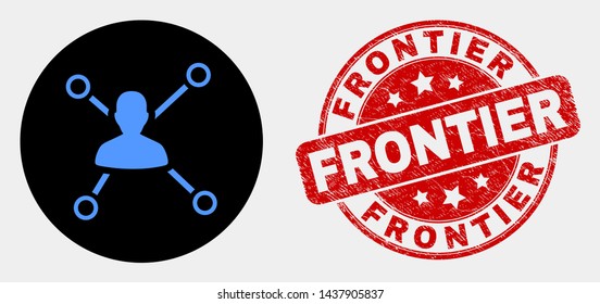 Rounded person links icon and Frontier seal stamp. Red rounded scratched stamp with Frontier text. Blue person links icon on black circle. Vector combination for person links in flat style.