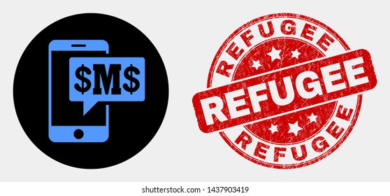 Rounded phone sms cloud pictogram and Refugee seal stamp. Red rounded distress stamp with Refugee text. Blue phone sms cloud symbol on black circle.