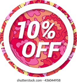 Rounded pink sale banner 10 percent off. Sale and discount.Colorful sticker.  Special offer symbol. Modern sale labels. Vector illustration. 