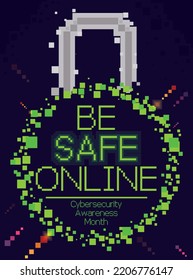 Rounded and pixelated padlock rejecting virtual attacks, and promoting to be safe online during the celebration of Cybersecurity Awareness Month.
