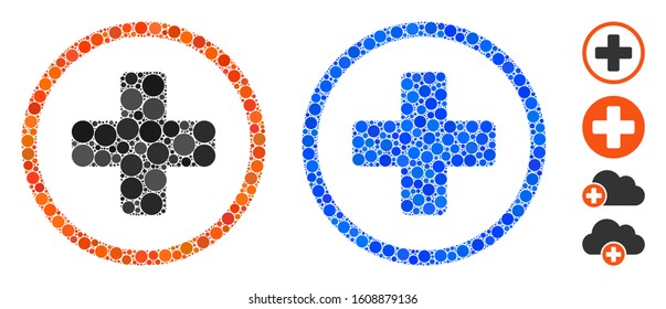 Rounded plus mosaic of round dots in different sizes and color tinges, based on rounded plus icon. Vector round dots are united into blue mosaic. Dotted rounded plus icon in usual and blue versions.