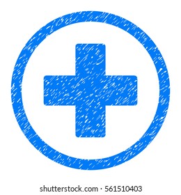 Rounded Plus rubber seal stamp watermark. Icon symbol inside circle with grunge design and unclean texture. Unclean vector blue sign.