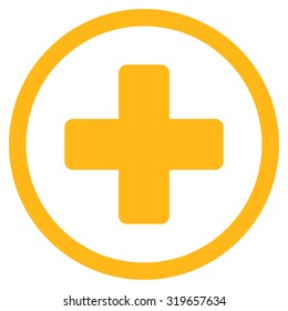 Rounded Plus vector icon. Style is flat symbol, yellow color, rounded angles, white background.