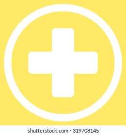 Rounded Plus vector icon. Style is flat symbol, white color, rounded angles, yellow background.