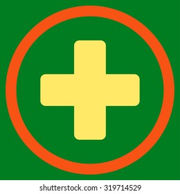 Rounded Plus vector icon. Style is bicolor flat symbol, orange and yellow colors, rounded angles, green background.