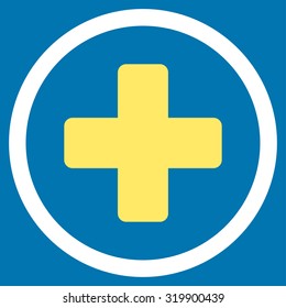 Rounded Plus vector icon. Style is bicolor flat symbol, yellow and white colors, rounded angles, blue background.