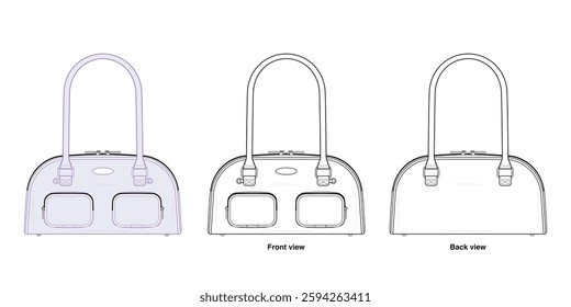 Rounded Pocket Shoulder Bag Technical Fashion Illustration. Arch-Shaped Handbag Vector Template. Dual Top Handles. Functional Front Pockets. Classic and Versatile. Women’s Accessories. CAD Mockup set.