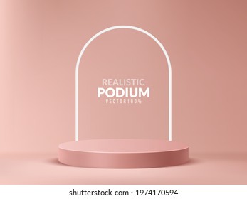 Rounded podium for product display on minimal scene, pink pedestal stage 3D illustration template