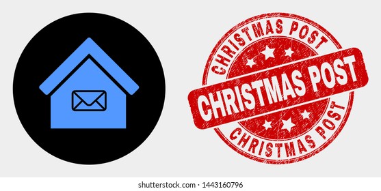 Rounded post office icon and Christmas Post seal. Red round grunge seal with Christmas Post caption. Blue post office icon on black circle. Vector combination in flat style.