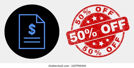 Rounded price list page pictogram and 50% Off stamp. Red rounded grunge stamp with 50% Off text. Blue price list page symbol on black circle. Vector composition for price list page in flat style.