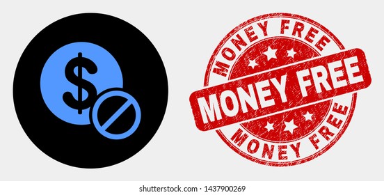 Rounded priceless pictogram and Money Free seal. Red rounded scratched seal with Money Free text. Blue priceless symbol on black circle. Vector composition for priceless in flat style.