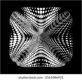 Rounded pulsating square of white halftone polka dots. Selection of the right sector for copying text. Black background - as an example. Vector. For logo, trademark, brand.