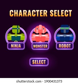 rounded purple Game ui character selection pop up for 2d gui interface vector illustration