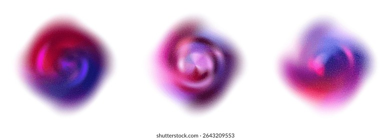 Rounded purple swirled gradient of violet-red and blue colors with noise texture. Blurred neon swirled with soft color transitions. Abstract vector elements.
