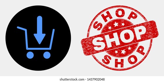Rounded put shopping item icon and Shop seal stamp. Red rounded textured seal stamp with Shop caption. Blue put shopping item icon on black circle.