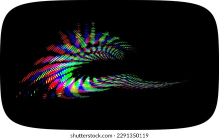 Rounded radiant frame with diffractive neon color shift. Perforated halftone outline on dark. Vector.