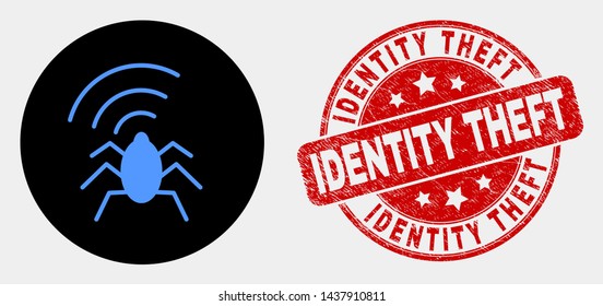 Rounded radio bug icon and Identity Theft watermark. Red rounded distress watermark with Identity Theft text. Blue radio bug icon on black circle. Vector composition for radio bug in flat style.
