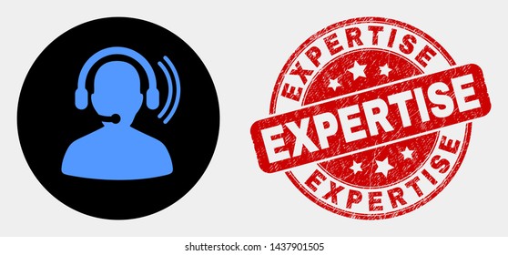 Rounded radio operator headset icon and Expertise seal stamp. Red rounded textured stamp with Expertise caption. Blue radio operator headset icon on black circle.