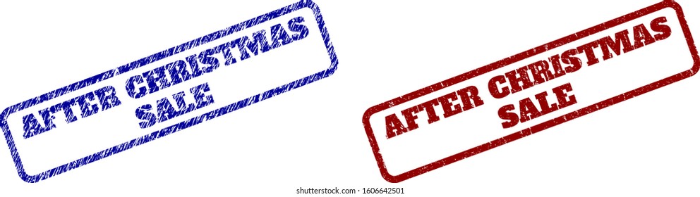 Rounded rectangle AFTER CHRISTMAS SALE seals. Blue and red distress watermarks with AFTER CHRISTMAS SALE phrase inside rounded rectangle frame. Flat vector watermarks with distress styles.