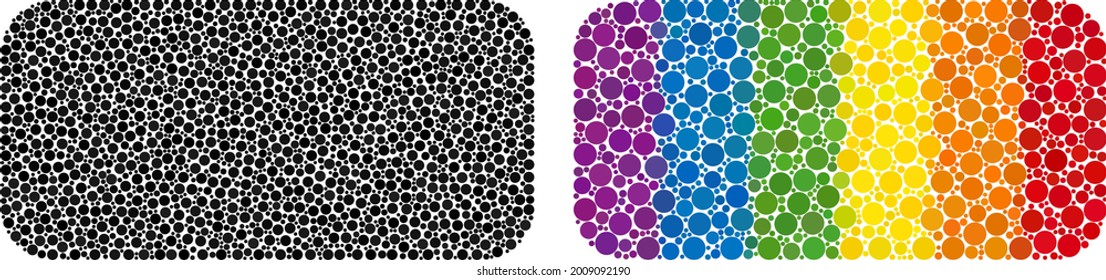 Rounded rectangle collage icon of round dots in variable sizes and spectrum colored color hues. A dotted LGBT-colored rounded rectangle for lesbians, gays, bisexuals, and transgenders.