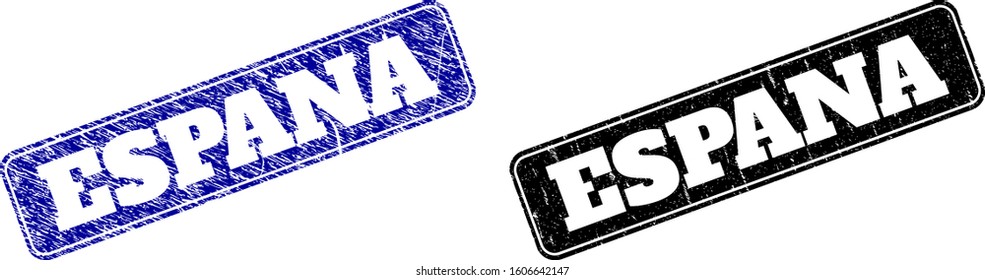 Rounded Rectangle ESPANA watermarks. Black and blue scratched seal stamps with ESPANA caption inside rounded rectangle with border. Flat vector watermarks with scratched styles.