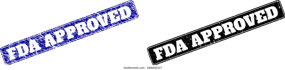 Rounded Rectangle FDA APPROVED seal stamps. Black and blue distress seal stamps with FDA APPROVED text inside rounded rectangle with frame. Flat vector rubber imitations with grunged textures.